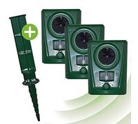 ISOTRONIC Répulsif ultrasonique pour Animaux Sauvages, Oiseaux, Chiens, Chats et martres - Appareil à Piles avec Piquet de Sol pour Le Jardin - Portée Efficace : 60 m² (Lot de 3)