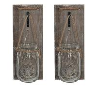 ISOTRONIC Set de 2 appliques murales LED en verre - Décoration bocaux Mason avec guirlande et planche en bois - Style rustique à piles - Bocaux à remplir soi-même pour jardin, salon et terrasse