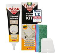 ISPAR Kit de Réparation de Joint de Carrelage Beige (400g) - Mortier Beige pour Carrelage et Pierre Naturelle, Coulis Étanche - Avec Spatule et Éponge