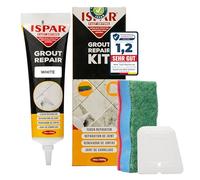 ISPAR Kit de Réparation de Joint de Carrelage Blanc (400g) - Coulis et Mortier Blanc Salle de Bain, Joint Étanchéité - Avec Spatule et Éponge