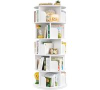 iSunirm Bibliothèque rotative à 5 Niveaux, Tour en Bois, bibliothèque Ronde pivotante à 360°, étagère étroite pivotante à roulettes, pour Chambre à Coucher, Bureau, Blanche