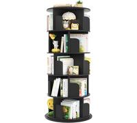 iSunirm Bibliothèque rotative à 5 Niveaux, Tour en Bois, bibliothèque Ronde pivotante à 360°, étagère étroite pivotante à roulettes, pour Chambre à Coucher, Bureau, Noir