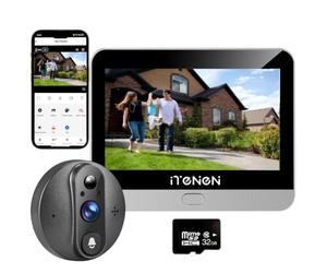 iTenen 3MP Judas de Porte Camera Surveillance avec Carte Mémoire 32G, Visiophone Connecté Interphone Vidéo, WiFi sans Fil Judas Numérique 4.3’’ Écran Batterie 5000mAh, PIR Motion Détection