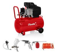 iTools Compresseur d'air à huile 50 L 8 bar Silencieux 2 CV 1,5 kW + kit 5 accessoires pneumatiques