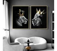 IUNTWEIE Lion et Lionne avec Couronne Toile Images sur Toile Noir et Blanc Animaux Décoration Impressions Sans cadre (2x40x60cm, Lion-1)