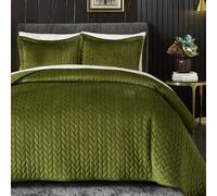 Ivellow Couvre-lit matelassé 3 pièces en Velours avec Revers en Microfibre brossée brodée de Feuilles pour très Grand lit, Vert