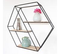 IVOL Étagère murale design hexagonale, diagonale, moderne et noire, avec 3 étagères en bois