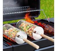 ivtivfu Panier à Barbecue Roulant, Poignée Détachable, Acier Inoxydable 304, Gigogne, Accessoires Grille à Legumes, Ustensiles Grill de Cuisine Exterieur Camping, Cadeau Anniversaire Homme Papa