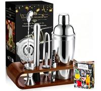 izdeel Kit Cocktail Shaker 10pc Acier Inoxydable avec Support en Bois | Livre Cocktail Inclus, Doseur, Passoire, Cuillère à Barre, Pour Bartender Amateur et Professionnel