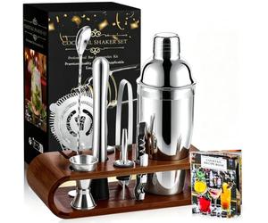 izdeel Kit Cocktail Shaker 10pc Acier Inoxydable avec Support en Bois | Livre Cocktail Inclus, Doseur, Passoire, Cuillère à Barre, Pour Bartender Amateur et Professionnel