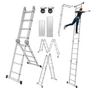 Izrielar Échelle télescopique 7 en 1 en Aluminium 5,8 m - 4 x 5 échelons - avec 2 plaques d'échafaudage et 2 roulettes - Échelle Pliante - Échelle de Travail Domestique - Jusqu'à 150 kg - Argent