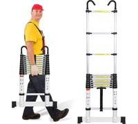 Izrielar Echelle télescopique professionnelle 3,2M Argent Aluminium Capacité de charge 150kg Echelle multi-usage Pieds en caoutchouc antidérapants avec stabilisateur et crochets amovibles
