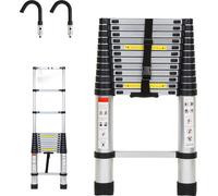 Izrielar Echelle télescopique professionnelle 3,8M Argent Aluminium Capacité de charge 150kg Echelle multi-usage Pieds en caoutchouc antidérapants avec crochets amovibles