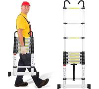 Izrielar Echelle télescopique professionnelle 3,8M Argent Aluminium Capacité de charge 150kg Echelle multi-usage Pieds en caoutchouc antidérapants avec stabilisateur et crochets amovibles