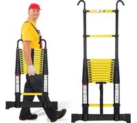 Izrielar Echelle télescopique professionnelle 3,8M noire Aluminium Capacité de charge 150kg Echelle multi-usages pieds en caoutchouc antidérapants avec stabilisateur et crochets amovibles