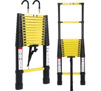 Izrielar Echelle télescopique professionnelle 3,8M noire Aluminium Capacité de charge 150kg Echelle multi-usages pieds en caoutchouc antidérapants avec crochets amovibles