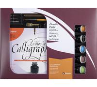J.Herbin 149B Coffret cadeau de calligraphie (avec 2 plumes à tirette à ruban, 2 plumes, 1 porte-plume, 1 pinceau, 5 flacons d'encre, 1 bloc de papier vélin 125g et mode d'emploi)