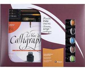 J.Herbin 149B Coffret cadeau de calligraphie (avec 2 plumes à tirette à ruban, 2 plumes, 1 porte-plume, 1 pinceau, 5 flacons d'encre, 1 bloc de papier vélin 125g et mode d'emploi)