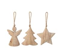 J-Line suspensions Arbre, Ange et étoile - Bois de Paulownia - Naturel - Assortiment de 3