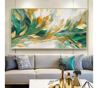 JACBON Peinture abstraite moderne sur toile, grandes feuilles dorées, décoration murale, plante verte, peinte à la main, pour salon, 50 x 100 cm, avec cadre doré