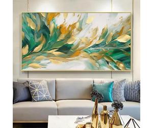 JACBON Peinture abstraite moderne sur toile, grandes feuilles dorées, décoration murale, plante verte, peinte à la main, pour salon, 50 x 100 cm, avec cadre doré