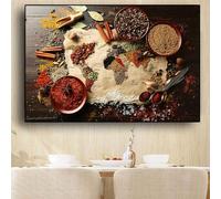 JACBON Peinture murale, céréales, épices, carte du monde, cuisine, toile, décoration d'intérieur, 50 x 70 cm, sans cadre