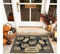 Jack-o'-Lantern Paillasson de bienvenue, Halloween, fantôme effrayant, bordure tourbillon, noir, lavable, profil bas, pour sol, décoration extérieure pour porte d'entrée, terrasse, 73,6 x 43,2 cm