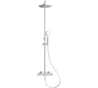 Jacob Delafon - Colonne de Douche Mitigeur Thermostatique Camille - Pomme de Tête ronde jet pluie 20cm - Douchette Ronde 10,5cm 3 Jets - Patères de Fixation Réglables - Chrome - E41454-CP