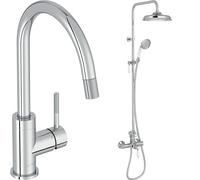 Jacob Delafon, Mitigeur D'Évier De Cuisine Edgar, Douchette Extractible, Bec Pivotant + Évier De Cuisine À Encastrer Gaspard, 1 Bac + 1 Égoutoir, Réversible, Céramique, Finition Chrome, Blanc