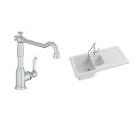 Jacob Delafon, Mitigeur d'Évier De Cuisine Louise, Design Rétro, Poignée Céramique, Finition Chrome + Évier à Encastrer 1 Bac et Demi Gaspard, Bundle Pratique et Élégant Pour Votre Cuisine