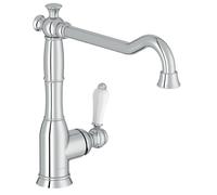 Jacob Delafon Mitigeur Évier de Cuisine Louise, Style rétro, Chrome | Poignée céramique. Hauteur bec 20,3cm. Bras pivotant 360°. Débit 12L/min
