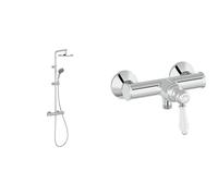 Jacob Delafon, Receveur de Douche Gaspard 120x80 cm Céramique Lisse Bonde Centrée Installation Surélevée + Set de Douche Louise Crochet Flexible Douchette Design Rétro Économie d’Eau Finition Chrome