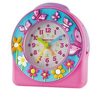 Jacques Farel ACW 69 Réveil pour enfants et petites filles, papillons et fleurs en 3D, rose/turquoise, pas de tic-tac, fonction répétition de la sonnerie, analogique, à quartz
