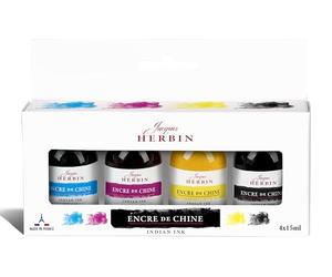 Jacques Herbin 10600T Set 4 encres de Chine couleurs primaires, flacon 15ml