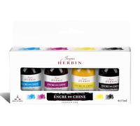 Jacques Herbin 10600T - Set 4 encres de Chine, cyan, jaune primaire, magenta, noir, flacon 15ml. Fabriqué en France