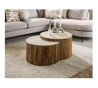 Jade - lot de 2 tables basses gigognes effet travertin - pieds en bois massif de manguier - 60 cm - Bois / Beige