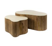Jade - lot de 2 tables basses gigognes effet travertin - pieds en bois massif de manguier - 90 et 61 cm - Bois / Beige
