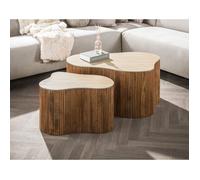 Jade - lot de 2 tables basses gigognes effet travertin - pieds en bois massif de manguier - 90 et 61 cm - Bois / Beige