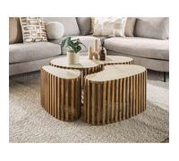 Jade - lot de 3 tables basses gigognes effet travertin - pieds en bois massif de manguier - 90, 70 et 50 cm - Bois / Beige