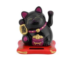 Jadeshay Maneki Neko Japonais, Chat Porte Bonheur Japonais Chat Maneki Neko avec Bras Ondulant à Énergie Solaire pour l'ornement de la Voiture de Bureau (Noir)