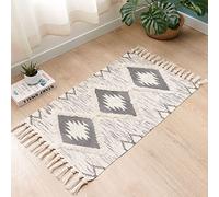 JaeMoose Tapis en Coton touffeté Lavable avec Pompons - Couvre-lit à Poils Longs géométrique tissé - Tapis bohème pour buanderie/Chambre à Coucher (Gris, 60 x 90 cm)