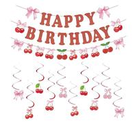 Jafaharug 13-teilige Kirschen Party Deko Set - 3 Happy Birthday Banner mit Kirschen-Motiv und 10 Hängekarten, Sommerfrucht-Dekoration für Geburtstag, Hochzeit & Baby Shower
