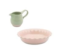 Jamie Oliver Big Love Proper Pie Plat à Tarte Rond en Grès avec Bords Festonnés, Rose, 28 X 28 cm et Pichet Vert à Vernis 650 ml, 19 X 11 cm, Passe au Micro-Ondes, Four, Lave-Vaisselle
