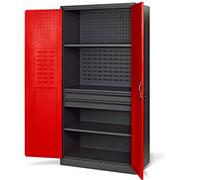 Jan Nowak Armoire à Outils TC02AM Armoire Meuble d'atelier avec 2 Tiroirs Portes battantes 3 étagères Peinture en Poudre 185 cm x 92 cm x 50 cm (Anthracite-Rouge)