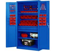 Armoire à outils Armoire d'atelier en métal avec tiroirs porte à charnières 3 étagères revêtement en poudre 185 cm x 92 cm x 50 cm, Couleur : Bleu