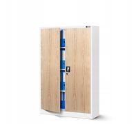 Jan Nowak Armoire de Bureau Métallique C001K 3 Etagères Tôle d'acier Portes Battantes Verrouillable 140 cm x 90 cm x 40 cm (Blanc/Imitation Bois)