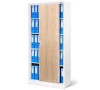 Jan Nowak Armoire de Bureau SD001 Armoire Métallique à Portes coulissantes tôle d'acier étagères revêtement en Poudre verrouillable 185 cm x 90 cm x 40 cm (Blanc/Imitation Bois)