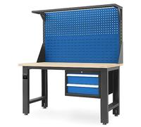Bureau de travail avec paroi perforée Bureau de travail Bureau de travail avec 2 tiroirs Métal, 150 cm x 170 cm x 75 cm, Couleur : Bleu anthracite