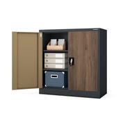 Jan Nowak Petit Armoire de Bureau Metallique revêtement en Poudre Portes battantes verrouillable 92,5 cm x 90 cm x 40 cm (Anthracite/Imitation Bois)