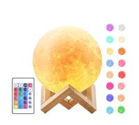 JANDEI - Lampe Lune LED 3D, 16 Couleurs RVB, Tactile et Télécommande, Dimmable, Veilleuse 15 cm avec Support en Bois et Chargeur USB Inclus